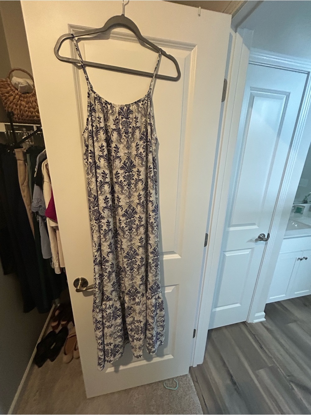 Blue and White Printed Maxi Sundress with Spaghetti Straps